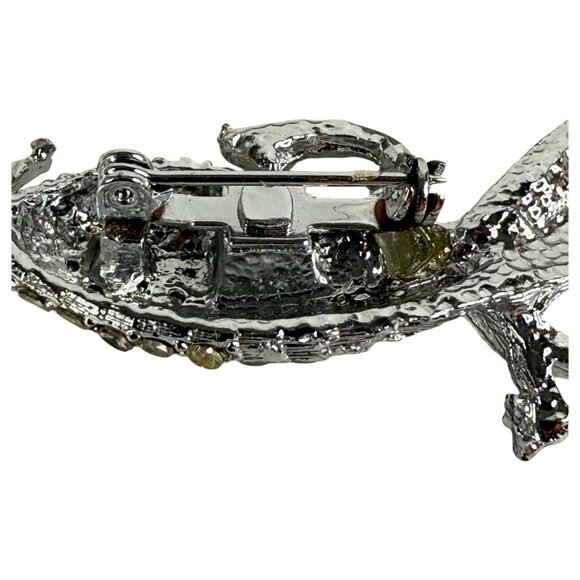 Rhinestone Bird On Tree Branch Brooch Pin With Red Eye & Silver Finish - Picture 6 of 7